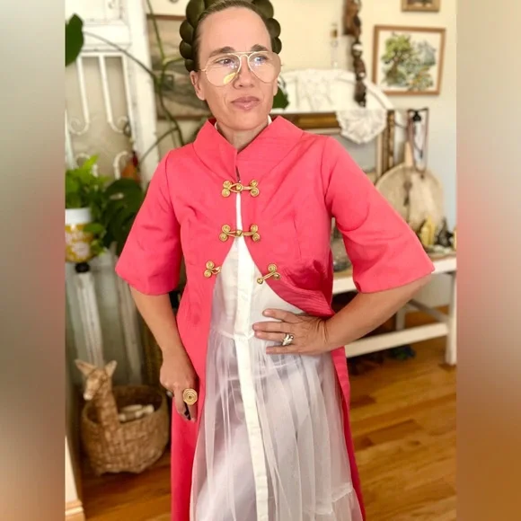 Vintage 1960’s Opera Jacket With Gold Knot Buttons Soft Pink Lining STUNNING Trench Coats